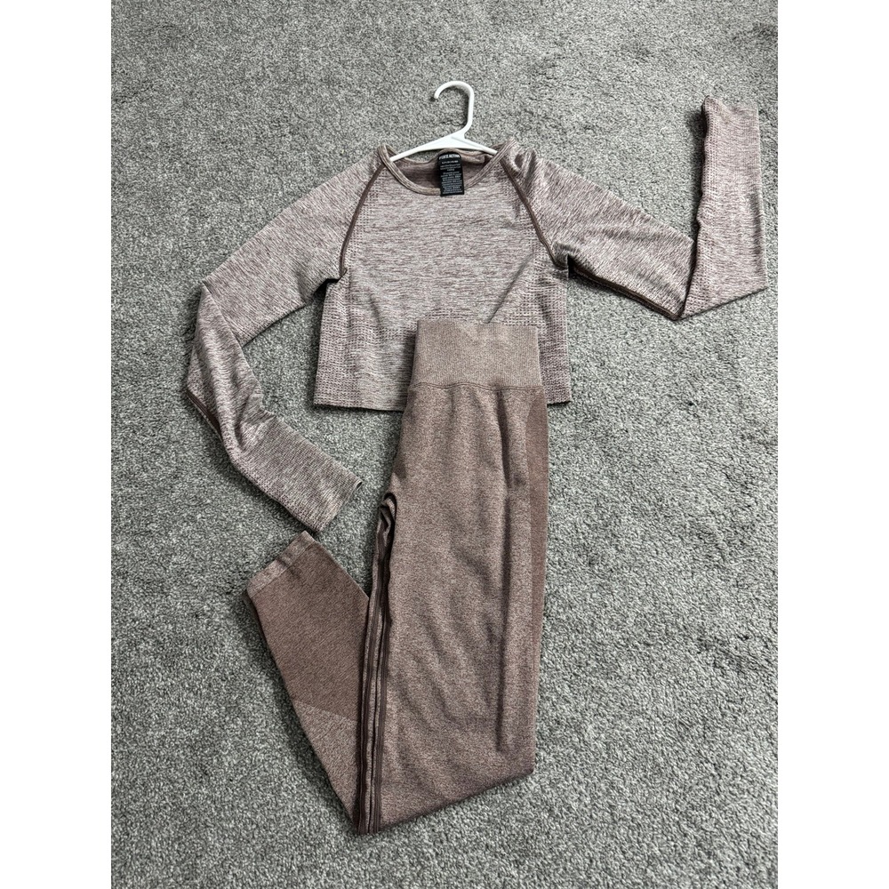 PINK Active Women Brown Marl Gym Set Long Sleeve Crop Top Scrunch Leggings Small